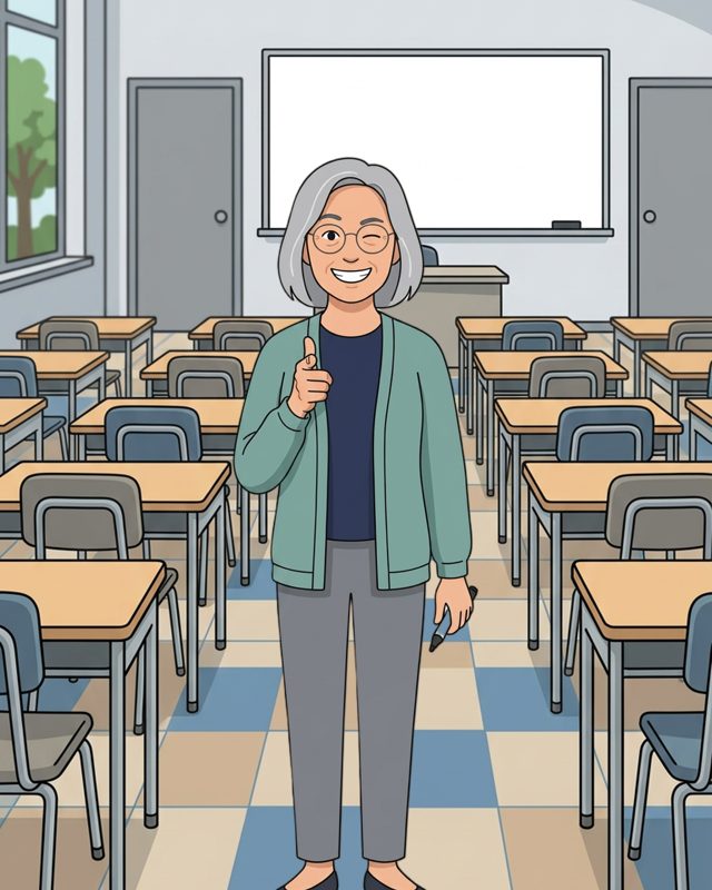 Cartoon science teacher grinning in her classroom