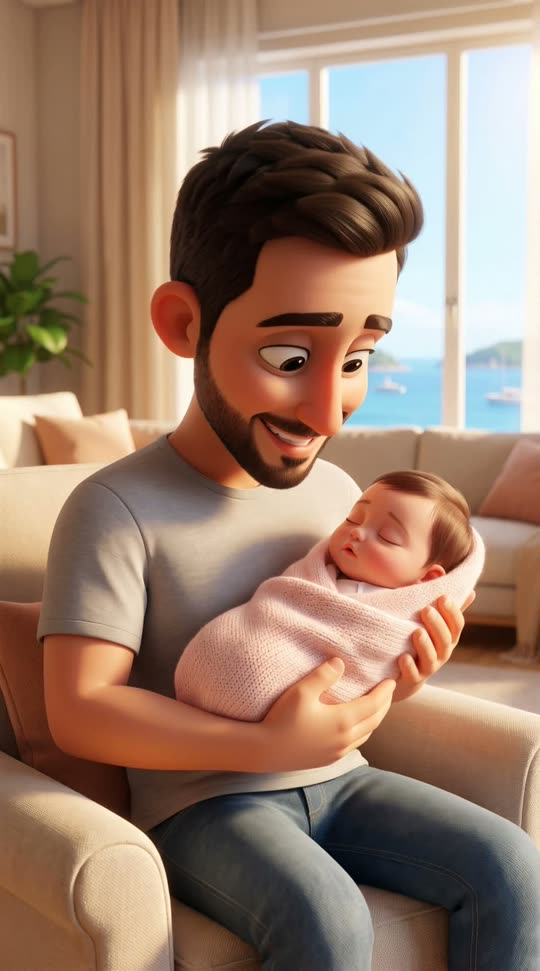 Animated dad holding a newborn baby