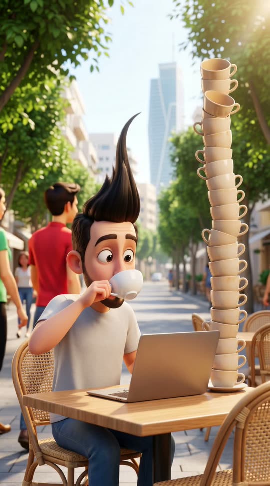 Animated character with hair standing up next to a tower of coffee cups