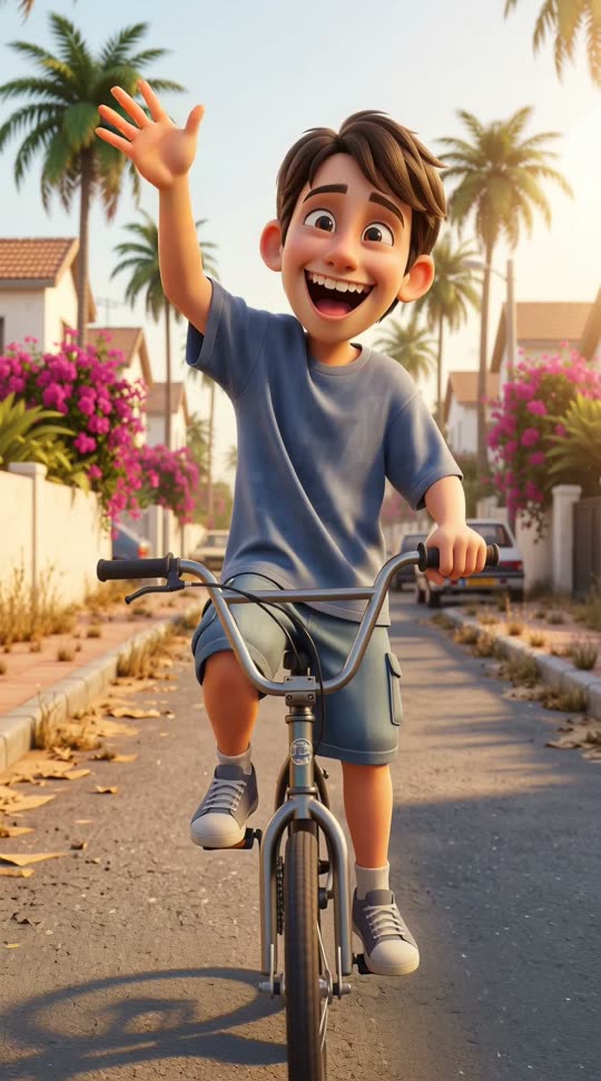 Animated boy riding a bike on a sunny street