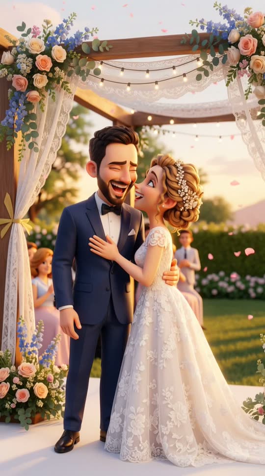 Animated couple laughing under a wedding canopy